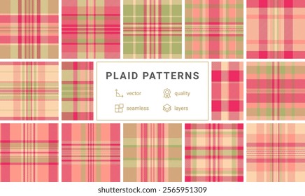 Twelve seamless vector plaid patterns in soft pink, beige, and green hues. Perfect for textile design, wrapping paper, scrapbooking, or website backgrounds.