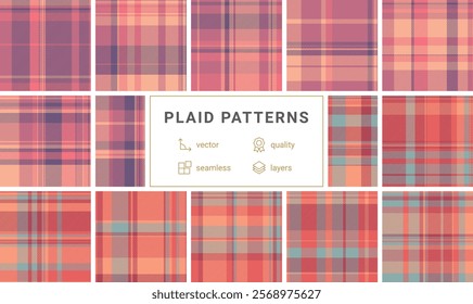 Twelve seamless vector plaid patterns in muted coral, peach, and mauve tones.  Ideal for textile design, website backgrounds, and stationery. High-quality layered files for easy customization.