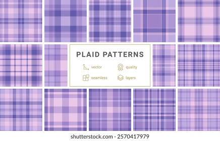 Twelve seamless vector plaid patterns in soft purple and lavender shades. Ideal for textile design, wrapping paper, scrapbooking, and more. High-quality, layered files for easy customization.