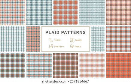 Twelve seamless vector plaid patterns in teal, orange, and white.  Perfect for textile design, apparel,  web backgrounds, and more. Highquality layered files for easy customization.