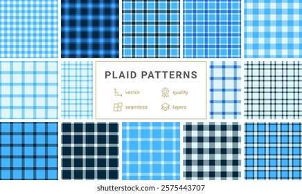 Twelve seamless vector plaid patterns in refreshing blue and navy hues.  Perfect for textile design, website backgrounds, or crafting projects. Highquality, layered files for easy editing.