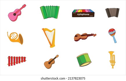 Twelve Set of vector modern flat design Music instruments