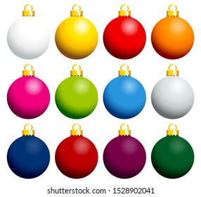 Twelve Shiny Monochrome Colorful Christmas Baubles With Gold