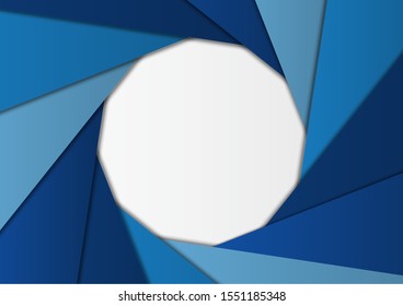 twelve Shutter blue blades are arrange on white background to circle shape in the middle of image.