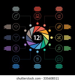 Twelve sided flat shutter diagram template for your business presentation with text areas and icons. Editable vector infographic graphic design. Black background.