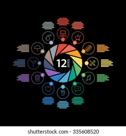 Twelve sided flat shutter diagram template for your business presentation with text areas and icons. Editable vector infographic graphic design. Black background.
