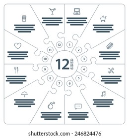 Twelve sided, numbered flat line puzzle presentation infographic chart with explanatory text field isolated on white background. Vector graphic template.