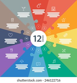 Twelve sided, numbered flat rainbow spectrum colored puzzle presentation infographic chart with explanatory text field isolated on white background. Vector graphic template.