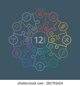 Twelve sided, numbered flat rainbow spectrum colored puzzle presentation infographic chart  isolated on dark background. Vector graphic template.