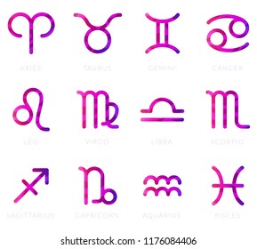 Twelve signs of the zodiac, purple color astrological set, vector illustration for a horoscope