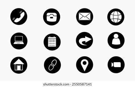 Doze ícones circulares simples em preto e branco que retratam a comunicação comum e os símbolos do site.