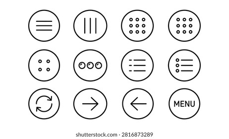 Twelve simple circular icons featuring different symbols on transparent background