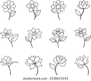 Doze simples ilustrações de flores em preto e branco