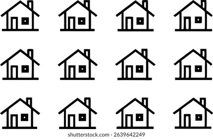 Twelve simple house icons arranged on a white background. Black outline style with chimney, door, and window detail.