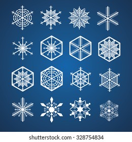 Twelve snowflake icons on blue background