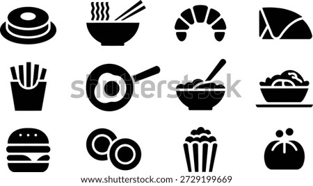 Twelve solid black vector icons depicting various breakfast, lunch, and dinner items for menus and dining concepts.