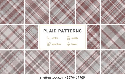 Twelve sophisticated plaid patterns in muted tones.  Seamless vector designs perfect for textile prints, apparel, websites, and more.  High-quality, layered files for easy editing.