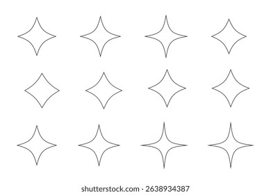 Twelve Sparkling Starburst Shapes Simple Line Art Graphic Design Elements for Digital Projects, Prints, and More. Perfect for adding a touch of sparkle and shine to your creative work.