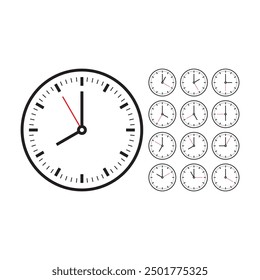 twelve step analog clock set. elegant, simple analog clock concept. wall clock group with twelve options