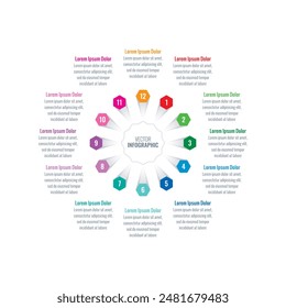 twelve step information template. colorful hexagons infographic template. Infographic template for technology, industry, education, business and science. book, annual report, magazine information temp