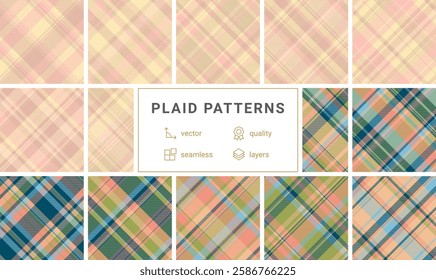 Twelve stylish plaid patterns in pastel and earthy tones.  Seamless vector designs perfect for textile prints, website backgrounds, or fashion designs.  Highquality, layered files for easy editing.