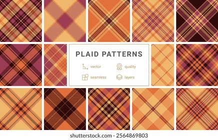 Twelve stylish plaid patterns in warm autumnal colors.  Perfect for textile design, fall-themed projects, or website backgrounds.