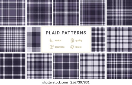 Twelve stylish purple and white plaid patterns.  Seamless vector designs perfect for textile prints, apparel, or website backgrounds. High-quality layered files for easy customization.