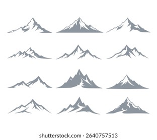 Twelve stylized gray mountain range illustrations, perfect for logos, branding, or outdoor designs.