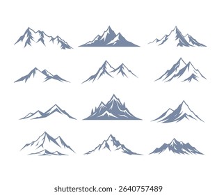 Twelve stylized mountain range illustrations, perfect for logos, branding, or outdoor designs.