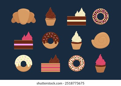 Twelve sweet snacks vector illustrations set.