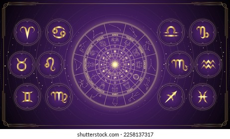 Twelve Symbols of The Zodiac, Wheel of The Zodiac Sign, Horoscope and Astrology Concept Element for Fortune-Telling, Stellar Backdrop Background Vector Illustration.