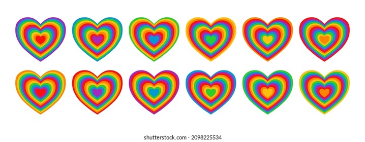 Doce corazones arcoiris rotos. Conjunto de elementos decorativos. Ilustración vectorial aislada en blanco.