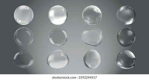 Twelve transparent water droplets on a gray background. Each droplet is clear and reflective. Water droplets vary in shape and size, creating a natural effect. Soap bubble element vector set.