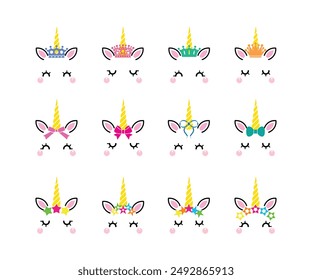 Twelve unicorn heads with with crown, bow tie ribbon and adorned with stars set isolated on white background. Vector cartoon character illustration. Design for child card, t-shirt. girls, kid. 