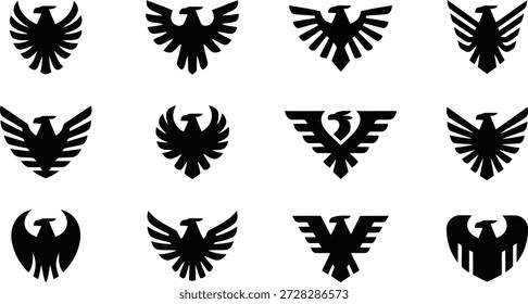 Zwölf einzigartige schwarze Adler- und Phönix-Symbole in einem Raster-Layout, geeignet für Branding, Logos oder leistungsstarke Grafikdesign-Elemente.