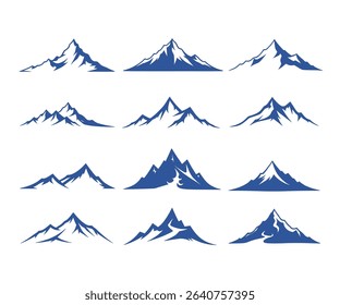 Twelve unique blue mountain range silhouettes, perfect for logos, branding, or outdoor designs.