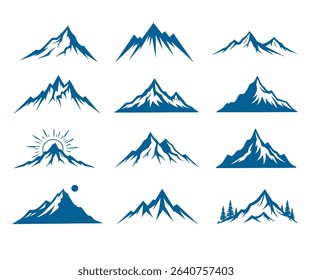 Twelve unique blue mountain range vector illustrations, perfect for logos, branding, or outdoor designs.