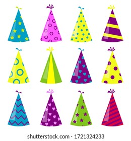 Twelve unique, bright, colored, festive caps on a white background. Hats in the shape of a cone for various happy holidays. Vector illustration. Stock Photo.