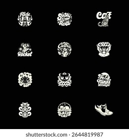 Twelve unique cat-themed logo designs in a retro style.
