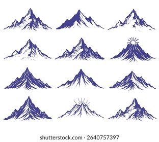 Twelve unique hand-drawn mountain illustrations, perfect for logos, branding, or outdoor designs.