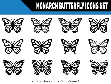 Twelve unique monarch butterfly icons display an array of wing patterns and symmetrical shapes in black outline on a white backdrop, creating a diverse collection.