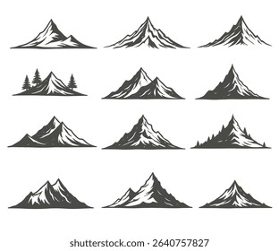 Twelve unique monochrome mountain illustrations, perfect for logos, branding, or outdoor designs.