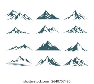 Twelve unique mountain range vector illustrations, perfect for logos, branding, or outdoor designs.
