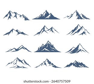 Twelve unique mountain range vector illustrations, perfect for logos, branding, or outdoor designs.