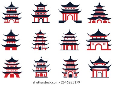 Doze ilustrações exclusivas de pagode em vermelho e preto são mostradas contra um fundo branco limpo, cada uma com variações no design arquitetônico e estilo.