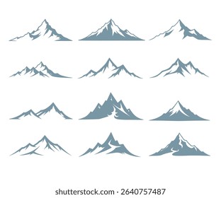 Twelve unique stylized mountain range illustrations, perfect for logos, branding, or outdoor designs.