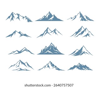 Twelve unique stylized mountain range illustrations, perfect for logos, branding, or outdoor designs.