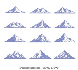 Twelve unique vector illustrations of majestic mountains, perfect for logos, branding, or outdoor designs.