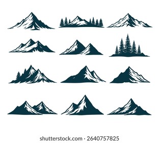 Twelve unique vector illustrations of mountains, some with trees, ideal for logos, branding, and outdoor designs.