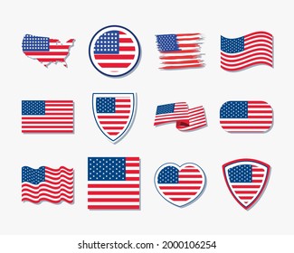 twelve usa flag set icons